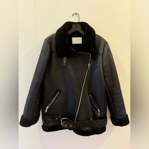 Zara Black Thick Fur Lined Moto Jacket